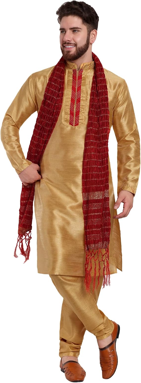 SKAVIJ Men's Art Silk Embroidered Kurta Pyjama Scarf Set Woven Design Festive Party Dress