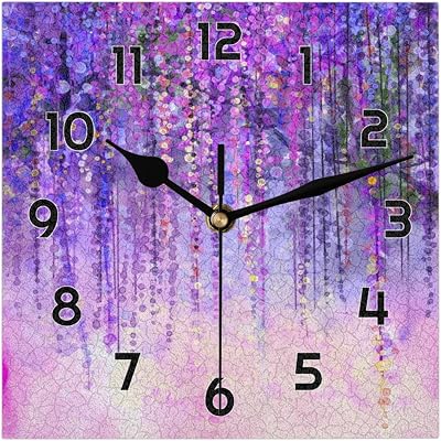 Abstract Violet Flower Square Wall Clock Non-Ticking Quiet Desk Clock Modern Decorative Purple Wall Clocks Battery Operated for Living Room Bathroom Classroom School Office Home Decor 8 Inch