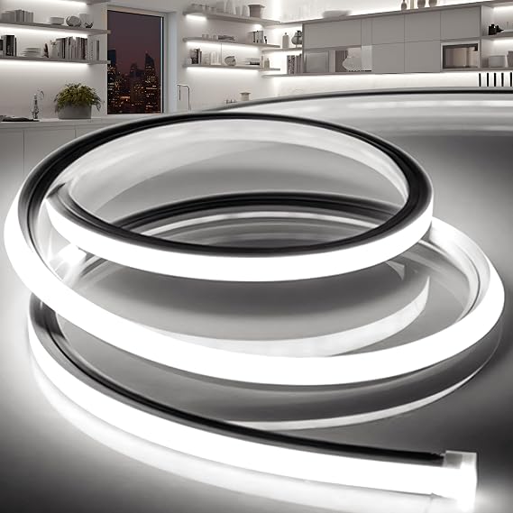 LED Strip Lights Daylight White 6000K,9.8ft 110-120V Neon Rope Lights,Flexible Silicone Outdoor Waterproof Neon Strip Lights for Bedroom,Mirror,Kitchen Cabinet, Living Room,Halloween Decor