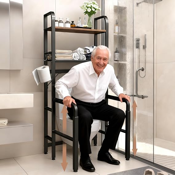 Toilet Safety Rail with Storage, Adjustable Toilet Handles for Elderly & Seniors, Handicap Bathroom Accessories, Easy Installation Bathroom Toilet Grab Bar Fit Any Toilets