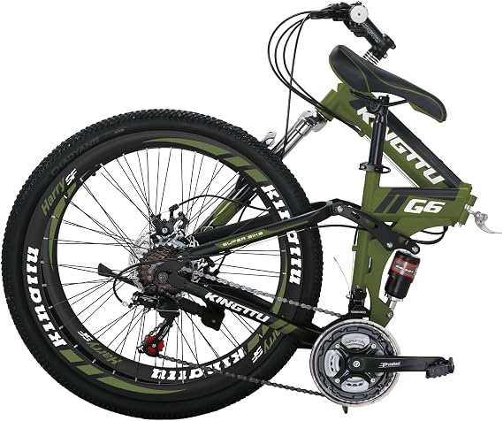 Eurobike Adult Folding Bike HY G6 Bicycle 26 Inches Muti Spoke Wheels 21 Speed Dual Suspension Folding Mountain Bike (G6 ArmyGreen -KT 32 Spoke)