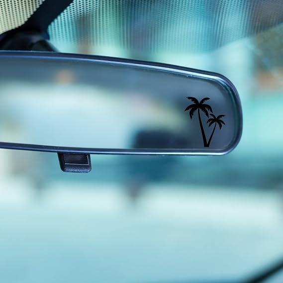 2x Rear View Mirror Decal - Palm Tree Decal - Beach Lover Car Window Decal - Beachy Stickers - Ocean Themed Stickers - Summer Time Car Accessories - Summery Laptop Decals - Gift for Her (Glossy Black)