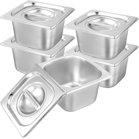 5 Set 1/6 Size Hotel Pans with Lid, 4 Inch Deep Steam Table Pan