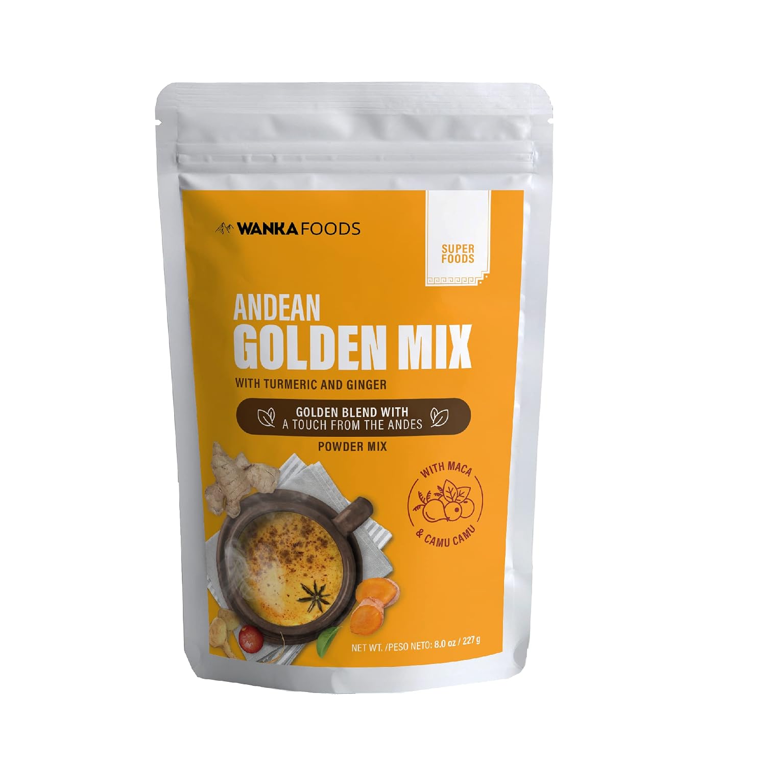Wanka Foods Andean Golden Mix , 8 oz Bag, Golden Milk powder with Turmeric and Ginger, Cinnamon, Pepper, Camu-Camu Superfood, and Maca Powder. Helps with digestion and inflammation, can support immune system. Helps relaxing for a great night's sle