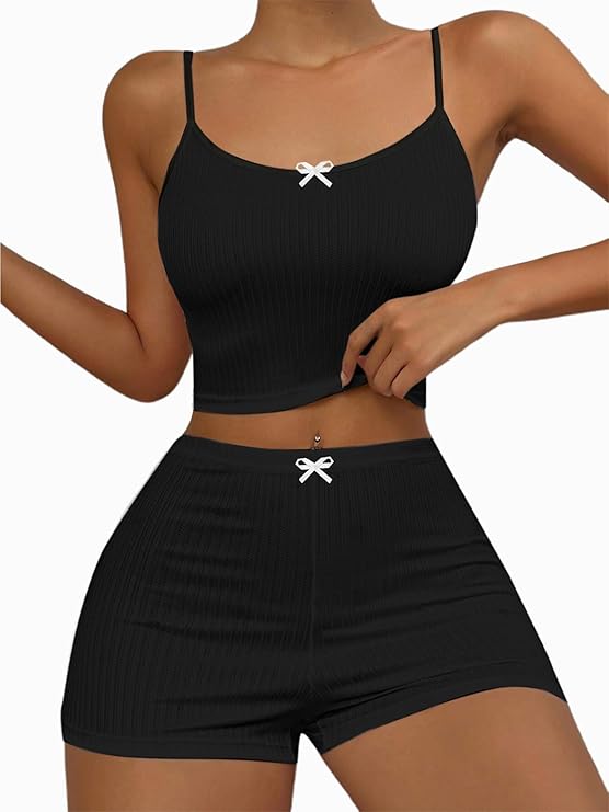 Hilinker Womens Graphic 2 Piece Pajama Set Summer Cute Crop Cami and Shorts Ribbed Lounge Sets