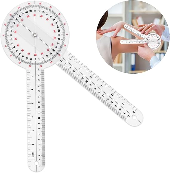 Prasacco 12 Inch Goniometer, Transparent Orthopedic Angle Ruler Plastic Goniometer 360 Degree Goniometer Angle Protractor Goniometer for Body Measuring Tape Goniometer Protractor Ruler