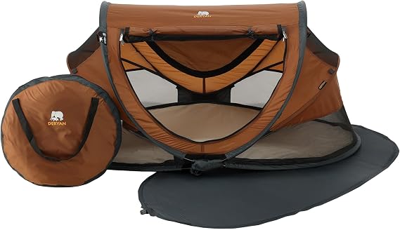 DERYAN Toddler Travel Cot with Mattress from Birth to 4.5 Years - Pop Up Bed Tent Set Up in 2 Seconds - Includes Mosquito Net and Travel Bag, Fast &amp; Compact Folding, Lightweight (Caramel)