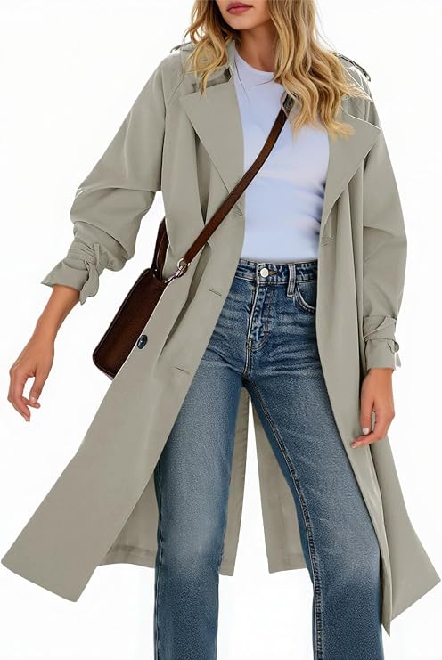 Tankaneo Womens Long Trench Coat Double Breasted Notch Lapel Overcoat | Oversized Fit with Belt, Lightweight And Windproof, Side Pockets, Spring, Fall Rainy Days