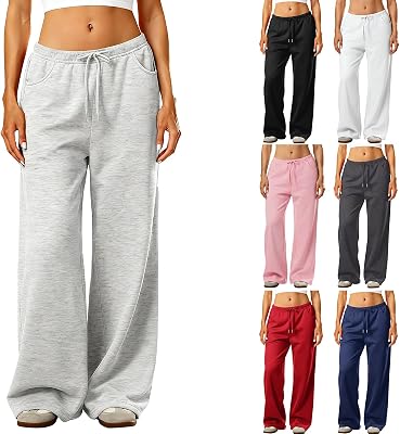 Wide Leg Sweatpants Women Baggy Low Rise Sweatpants with Pockets Winter Y2K Drawstring Straight Leg Sweatpant