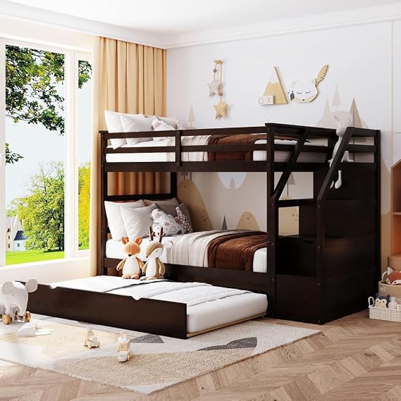 MERITLINE Twin Over Twin Bunk Beds with Trundle and Storage Box, Solid Wood Bunk Bed with Stairs and Storage Case for Teens Adults (Espresso + Solid Wood)