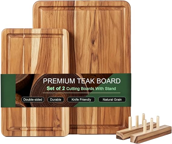 2-Piece Teak Cutting Board Set with Storage Stand