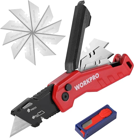 WORKPRO Folding Utility Knife, Quick Change Box Cutter, Red | Razor Knife with 13 Extra Blades Included, Blade Storage in Aluminum Handle, For Cartons, Cardboard, Boxes