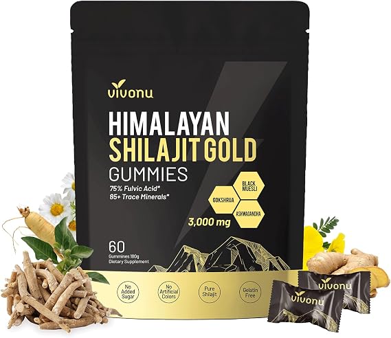Himalayan Shilajit* Gummies with Ashwagandha & Gokshura | 85+ Trace Minerals & Fulvic Acid | Organic, Non-GMO Micronutrient Supplement for Men & Women | 100% Pure & Natural