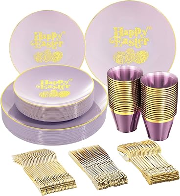 Nervure 150pcs Easter Plastic Plates - Purple and Gold Plates with Easter Egg - Purple Disposable Plates includes 50 Plastic Plates, 25 Knives, 25 Forks, 25 Spoons, 25 Cups for Party