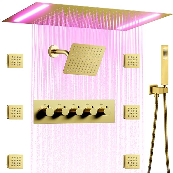 Smart Thermostatic Rain Shower System 14 X 20 Inch LED Rainfall Ceiling Shower Head Bath Mixer Faucet Set Body Sprayer Jet (Brushed Gold)