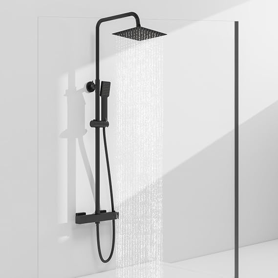 Sky Bathroom Thermostatic Shower Mixer Set | 8" Rainfall Shower &amp; Handheld Head | Wall Mounted Bar Mixer Shower System | Stainless Steel Adjustable Sliding Riser Rail Matte Black