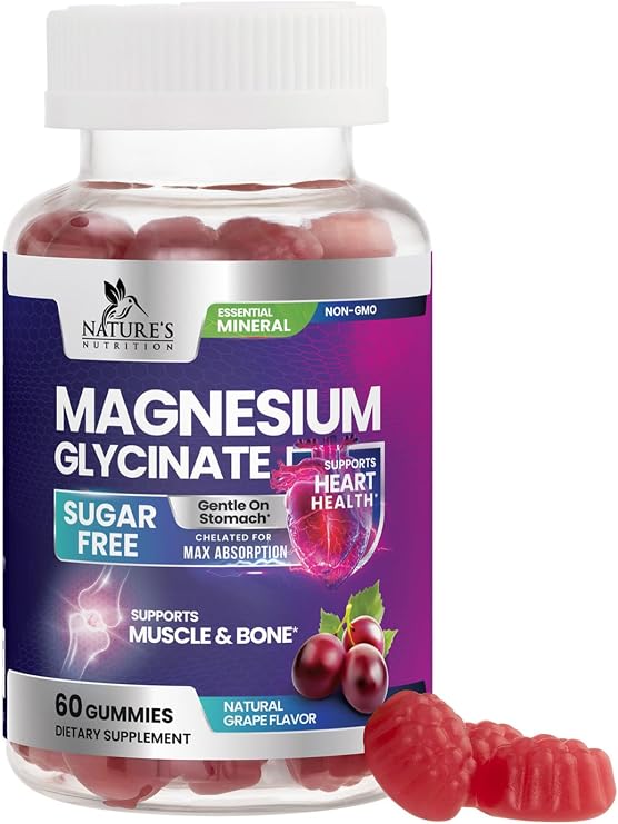 Magnesium Glycinate Supplement Gummies - Magnesium Supplement with Bone Muscle Heart Health & Sleep Support - Gentle on Stomach & Chelated for Max Absorption - Grape Flavor & Sugar Free - 60 Gummies