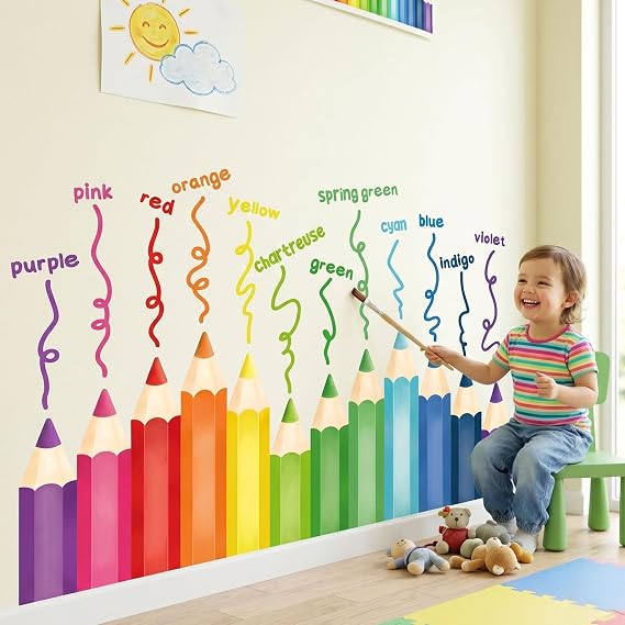 DECOWALL Educational Pencil Crayons Wall Stickers Learning Color Educational Decals for Kids Girls Boys Room Bedroom Nursery Classroom Playroom Peel Stick Art Living Classroom (SG2-2417)