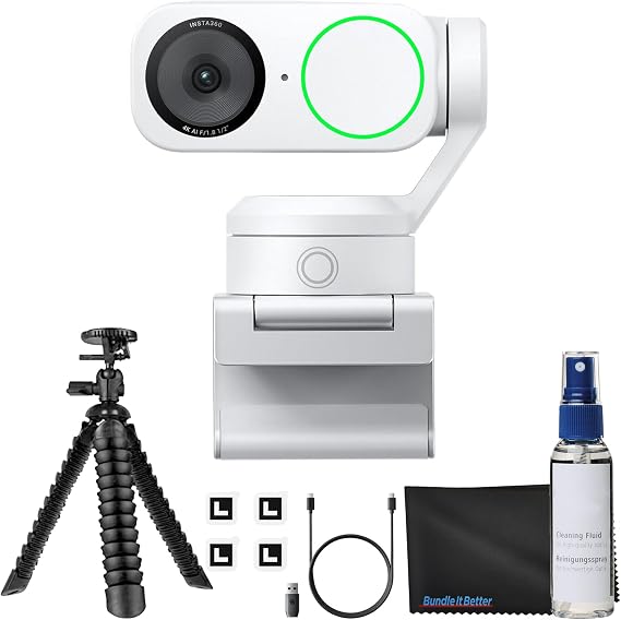 Insta360 Link 2 - PTZ 4K ウェブカメラ ホワイト PC/Mac用、1/2インチセンサー、AIトラッキング、HDR、AIノイズキャンセリングマイク、ストリーミング、ビデオ通話、ゲーム用ジェスチャーコントロール、柔軟な三脚とレンズクロス付きゲームバンドル