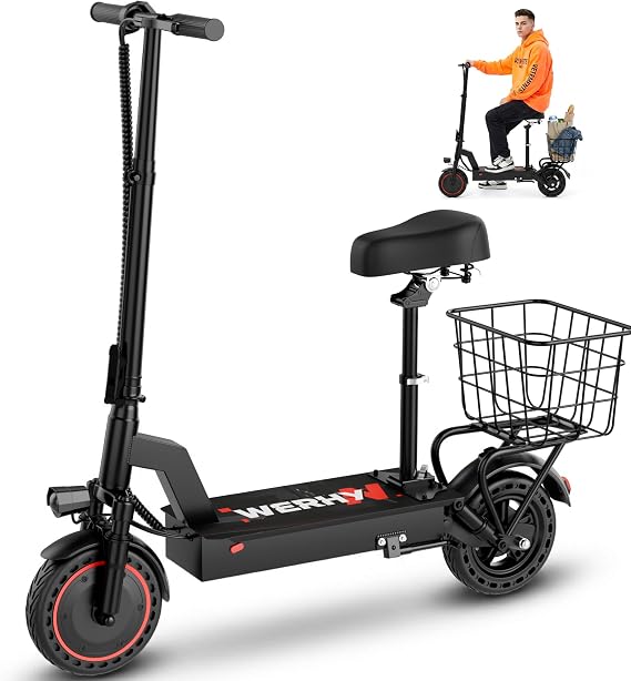 Electric Scooter with Seat, 500W Motor, 20 MPH & 21 Miles Range, 10 Inch Solid Tires, Front Suspension, Foldable Commuter E-Scooter with LCD Display, Dual Braking and Basket