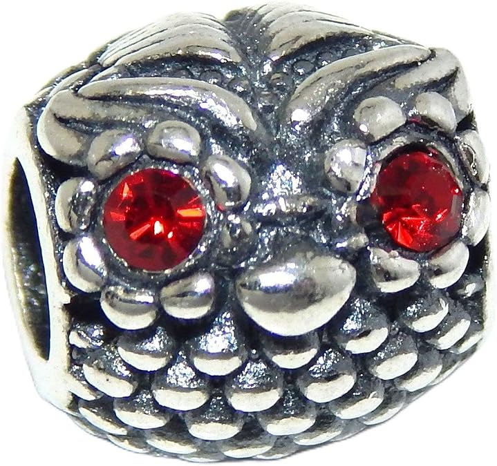 Solid 925 Sterling Silver Round Owl Face with Red Cubic Zirconia Eyes Charm Bead Fits Pandora Charm Bracelets for European Snake Chain Bracelets