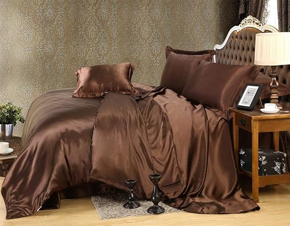 RRlinen Chocolate Satin Bed Sheet Set 4 PC 32 Inch Soft and Silky Bed Sheet Set (1 Flat Sheet,1 Fitted Sheet,2 Pillowcase) King