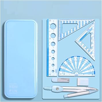 maths set protractor setRuler Set 7Piece Set Student Exam Geometry Set with Protractor Drawing Triangle Eraser Compasses Eraser Ruler for Children School Supplies Math Set Ruler Kit (Color : Blu) ( Co