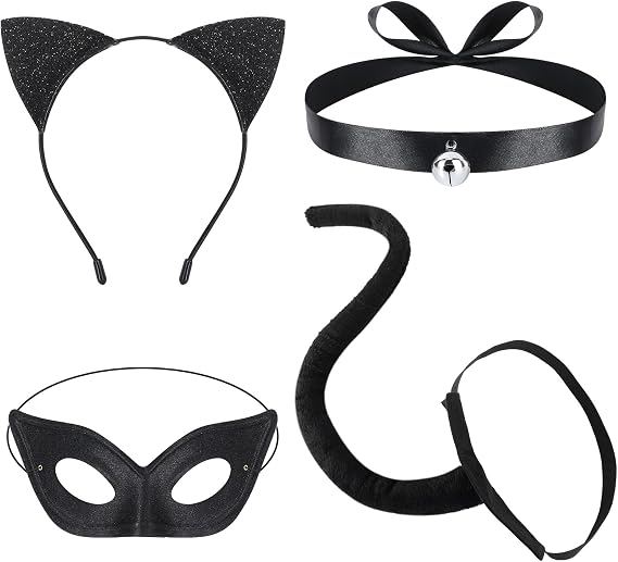 Hifot Black Cat Costume for Women,Cat Ear Headband Tail Cat Eye Cover Chocker Necklace Anime Cosplay Costumes for Women Masquerade Fancy Dress