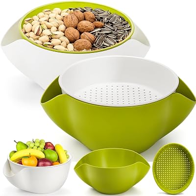 2 Pack Pistachio Bowls, Large Snack Serving Dishes, 10 Inch Double Dish Nut Bowl with Shell Holder, Plastic Fruits Storage Container, Candy Bowl for Popcorn Peanut Cherries, Green & White