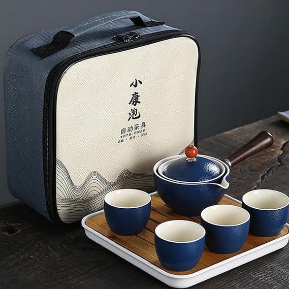 Ceramic Portable Travel Tea Set, Chinese Kungfu Tea Set with 360 Rotation Teapot and Infuser, 4 Tea Cups, Tea Tray and Travel Bag (Blue)