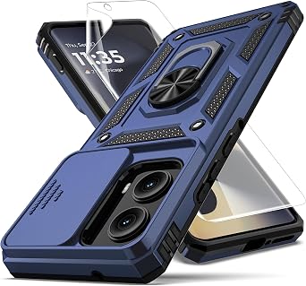 for Motorola Edge 2024 Case, Built in Slide Camera Lens Cover+Finger Ring Holder Kickstand+Screen Protector, Heavy Duty Shockproof Full Body Protective Phone Case, Blue