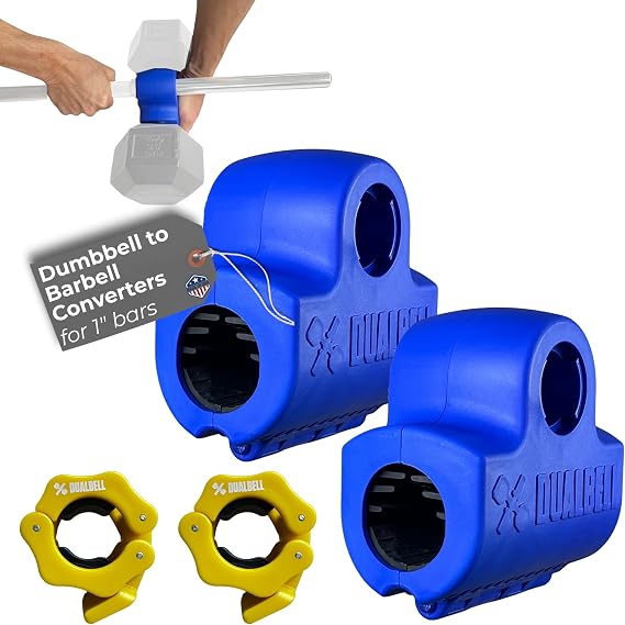 Dumbbell Barbell Adapters, Blue w/Yellow Weight Collars for 1" Bar, Dumbbell Converters Quickly Connect Dumbbells to Barbell Securely for Home Gym Workouts