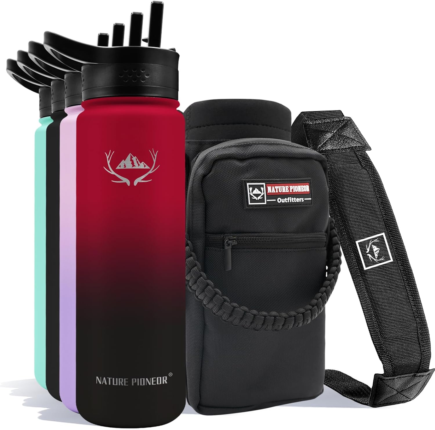 NATURE PIONEOR Insulated Water Bottles with Straw - 24oz Stainless Steel Vacuum Bottle with HolderCarrierSleeve - Reusable 188 Food Grade 24 oz Water Jug
