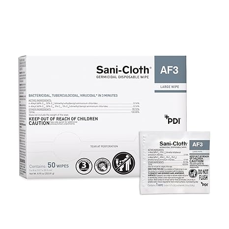 Sani-Cloth AF3 Large 5" x 8" Individual Packets, Alcohol and Fragrance Free Surface Disinfection, 1 Box of 50 Packets