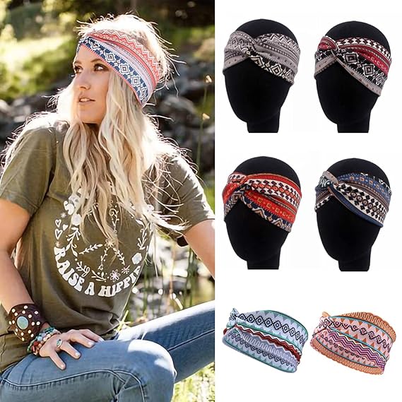 MarchQueen Boho Headbands for Women Vintage Print Wide Headband Stretchy Twisted Hair Bands Criss Cross Turban Headwrap Cute Hair Accessories (Boho-6pcs)
