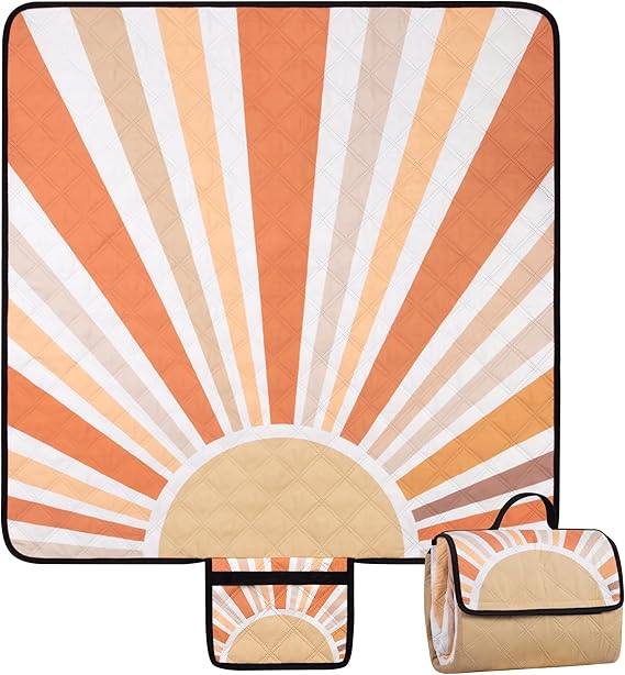 Picnic Blankets Waterproof,79''x79'' Extra Large Foldable Sandproof Beach Blanket,Portable 3-Layer Polyester Outdoor Picnic Blanket for Grass Lawn,Beach,Family Camping,Park,Travel-Starburst Orange
