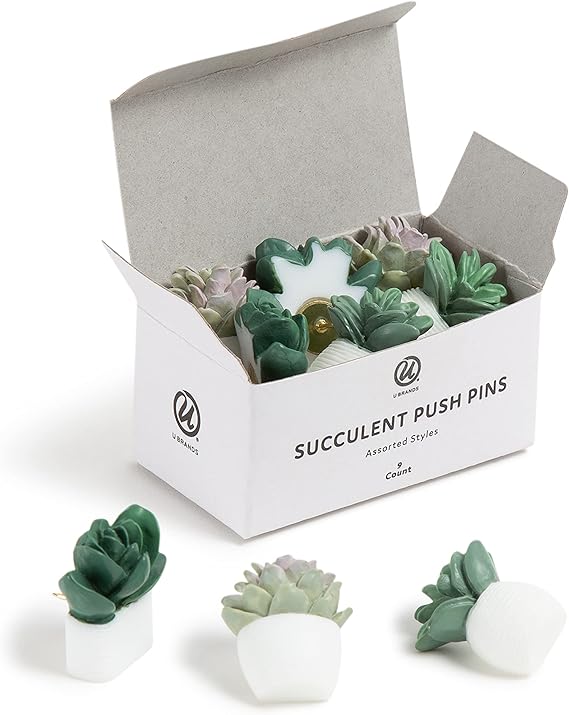U Brands Succulent Push Pins Set, 9 Count, Three Assorted Styles