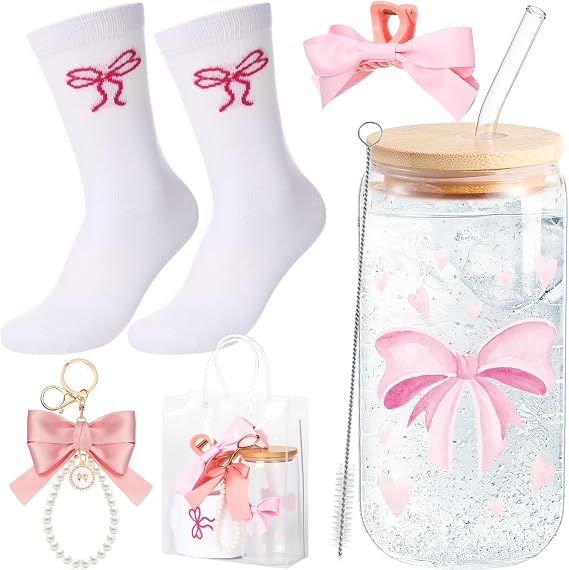 5 Pcs Mother's Day Pink Bow Gift Set with Cute Bow Keychain, Aesthetic Cup, Socks, Clear Gift Bag, Bows Claw Clips Coquette Stuff for Girls Women Friends Birthday
