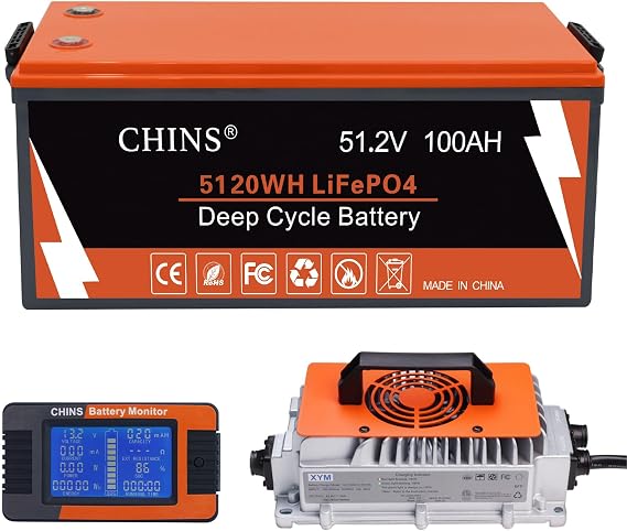 CHINS 48V Lithium Golf Cart Battery, 48 Volt 100Ah LiFePO4 Battery, Built-in Bluetooth 200A BMS, Includes 48V 18A Charger, Monitor, Perfect for Golf Carts