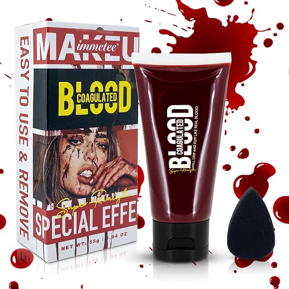 Fake Blood Gel, Sfx Blood Gel with Stipple Sponge, Sfx Fake Blood Makeup Kit, Halloween Coagulated Stage Blood Specail Effects Makeup Face Body Paint. 55g