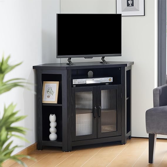 weselon Corner TV Stand for TVs up to 48 Inch, Media Entertainment Center with Storage Shelves and 2 Doors, Console Table Buffet Cabinet for Living Room Bedroom