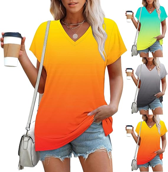 Womens Tops Basic Summer V Neck Tshirts Short Sleeve Blouse Dressy Casual Loose Cute Tee Clothes Trendy Fashion Outfits