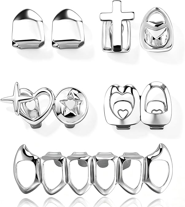 GIFIKOI 7Pcs Golden Grillz Set for Your Teeth Open Face Hip Hop Rapper Teeth Jewelry Single Grill Dental Caps for Top 8/6 Bottom Tooth Grillz