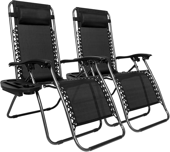 Folding Zero Gravity Outdoor Recliner Patio Lounge Chair,Set of 2 Adjustable Steel Mesh Zero Gravity Lounge Chair Recliners w/Pillows and Cup Holder Trays (Black)