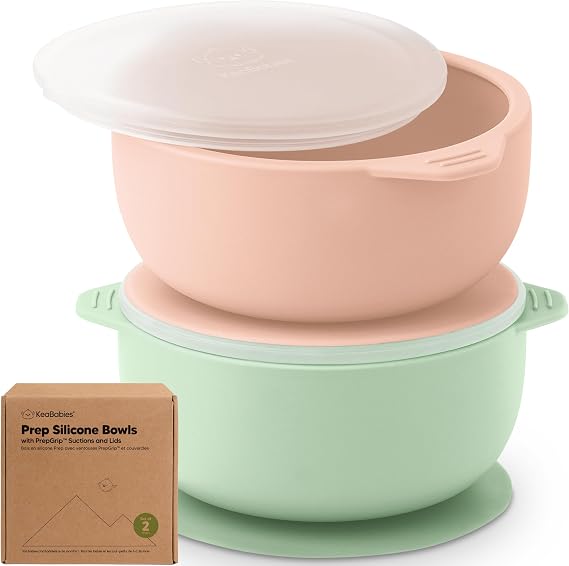 KeaBabies 2-Pack Baby Bowls with Suctions, Lids, Silicone (Mellow) | Toddler Suction Bowls for Baby Boys, Girls, Kids, Food Grade Silicone, Dishwasher Safe, BPA-Free, Baby Eating Essentials