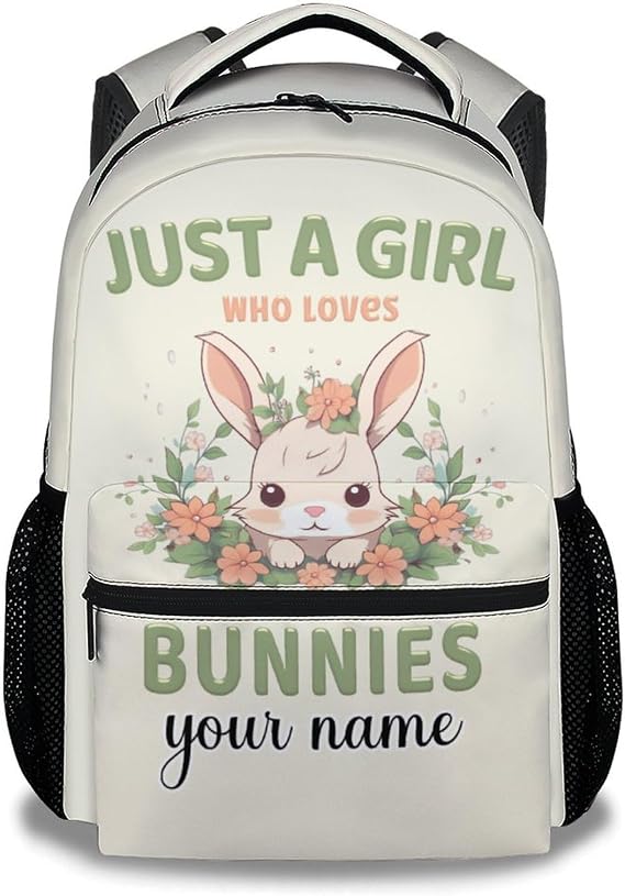 Custom Bunny Backpack for Girls - 16 Inch Light Green Backpacks for School - Cute Lightweight Durable Bookbag for Kids