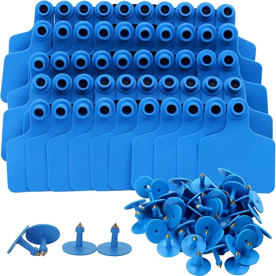Blank Cattle Ear Tags for Cattle Cows Sheep Pig Goats, Blue, 100 Pieces | Flexible TPU, Livestock Identification Tags,Writable&Waterproof ,Large Size Animal ID Labels, Farm Management
