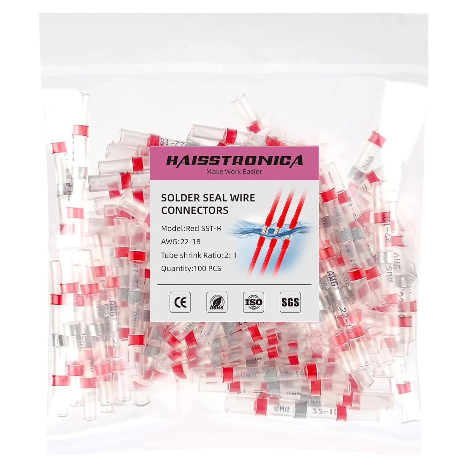 100PCS Red Solder Seal Wire Connectors AWG22-18,haisstronica Marine Grade Waterproof Solder Wire Connectors,Heat Shrink Butt Connectors,Insulated Butt Splice Electrical Connectors