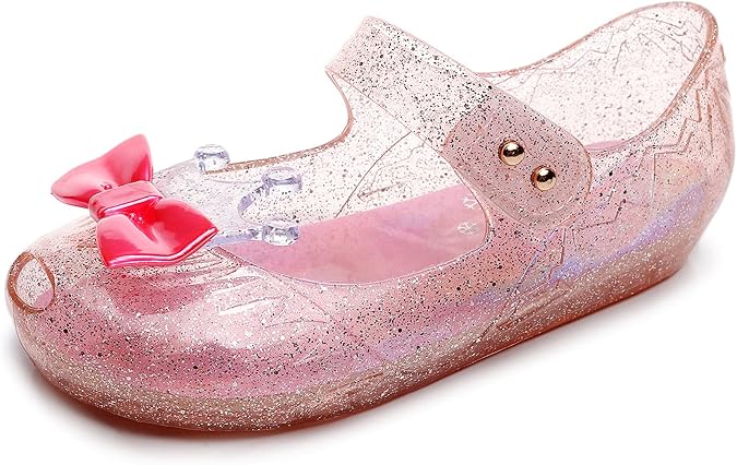 Jelly Shoes for Girls Princess Dress Up Flat Sandals for Toddler Cosplay Clear Glitter Jellies Mary Janes with Bow/Crown
