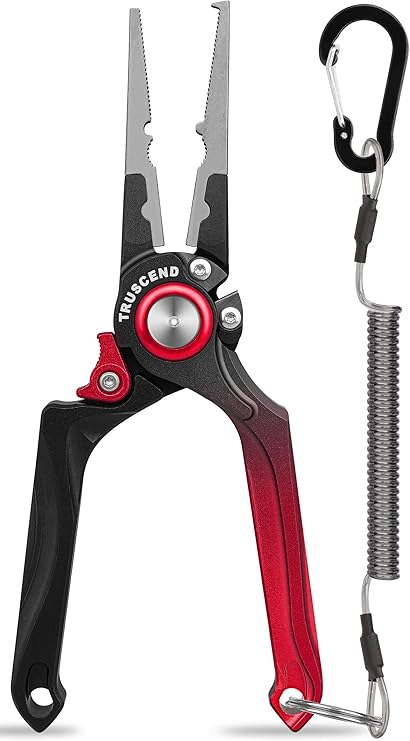 TRUSCEND Easy Use Lockable Fishing Pliers with Tungsten Carbide Cutter, Innovative Ergonomic Handy Handle, Saltwater Corrosion Resistant Teflon Coated Fishing Tool, Light Multi-Function Fishing Gear